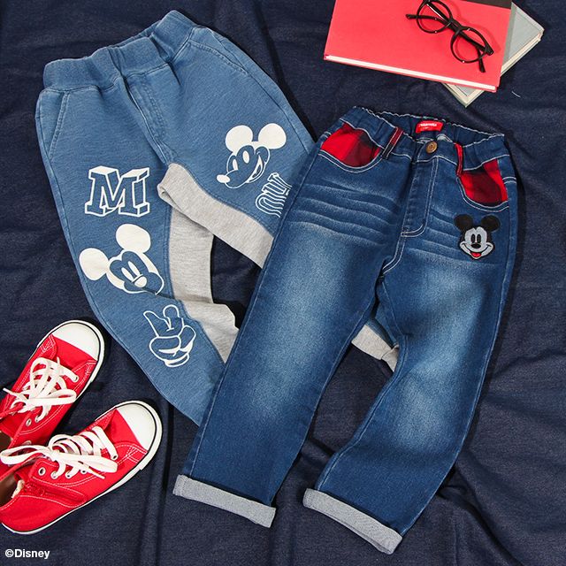 【ベビードール】ミッキー デニムロングパンツ 8743K / ベビーサイズ キッズ ボトムス 長ズボン ジーンズ ジーパン ストレッチ 楽ちん ウエスト総ゴム ゴム穴付 ベルトループ フェイクボタン