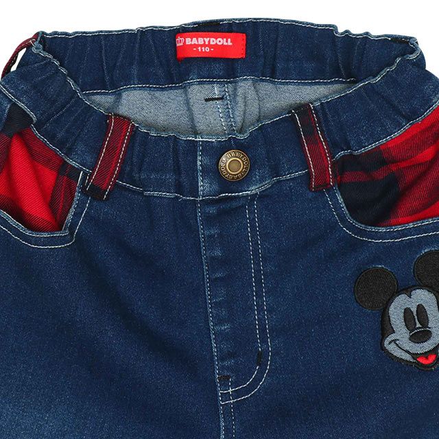 【ベビードール】ミッキー デニムロングパンツ 8743K / ベビーサイズ キッズ ボトムス 長ズボン ジーンズ ジーパン ストレッチ 楽ちん ウエスト総ゴム ゴム穴付 ベルトループ フェイクボタン