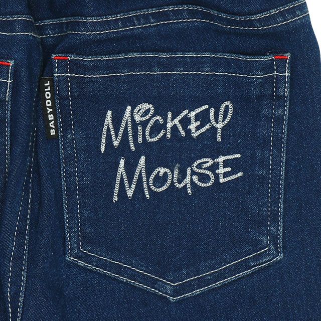 【ベビードール】ミッキー デニムロングパンツ 8743K / ベビーサイズ キッズ ボトムス 長ズボン ジーンズ ジーパン ストレッチ 楽ちん ウエスト総ゴム ゴム穴付 ベルトループ フェイクボタン