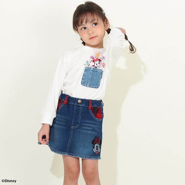 【ベビードール】ミニー デニムスカート 8744K / ベビーサイズ キッズ ミニスカ ジーンズ ストレッチ 楽ちん ウエスト総ゴム ゴム穴付 ベルトループ フェイクボタン ガールズコーデ ガーリー