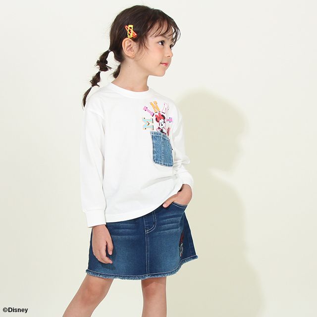 【ベビードール】ミニー デニムスカート 8744K / ベビーサイズ キッズ ミニスカ ジーンズ ストレッチ 楽ちん ウエスト総ゴム ゴム穴付 ベルトループ フェイクボタン ガールズコーデ ガーリー