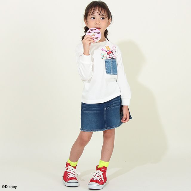 【ベビードール】ミニー デニムスカート 8744K / ベビーサイズ キッズ ミニスカ ジーンズ ストレッチ 楽ちん ウエスト総ゴム ゴム穴付 ベルトループ フェイクボタン ガールズコーデ ガーリー