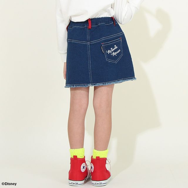 【ベビードール】ミニー デニムスカート 8744K / ベビーサイズ キッズ ミニスカ ジーンズ ストレッチ 楽ちん ウエスト総ゴム ゴム穴付 ベルトループ フェイクボタン ガールズコーデ ガーリー