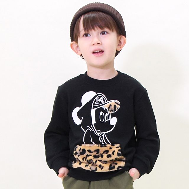【ベビードール】ミッキー 親子お揃い ヒョウ柄ボアポケットトレーナー 8982K