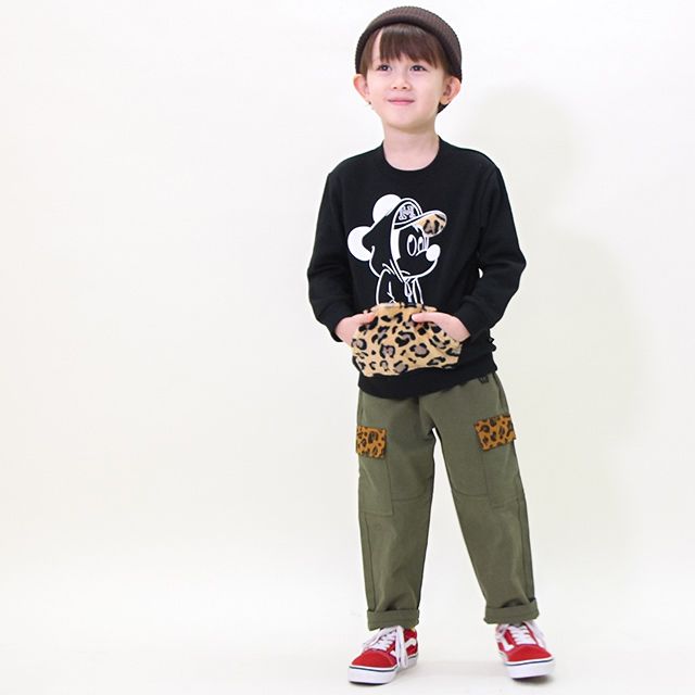 【ベビードール】ミッキー 親子お揃い ヒョウ柄ボアポケットトレーナー 8982K