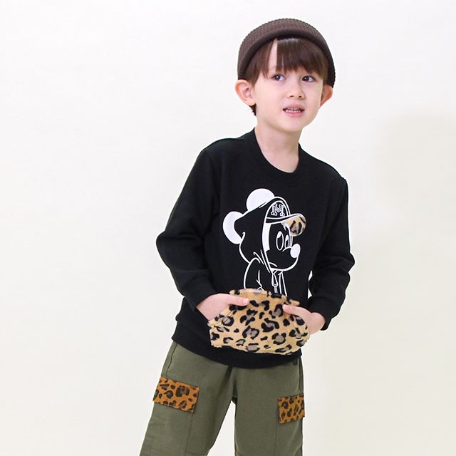 【ベビードール】ミッキー 親子お揃い ヒョウ柄ボアポケットトレーナー 8982K