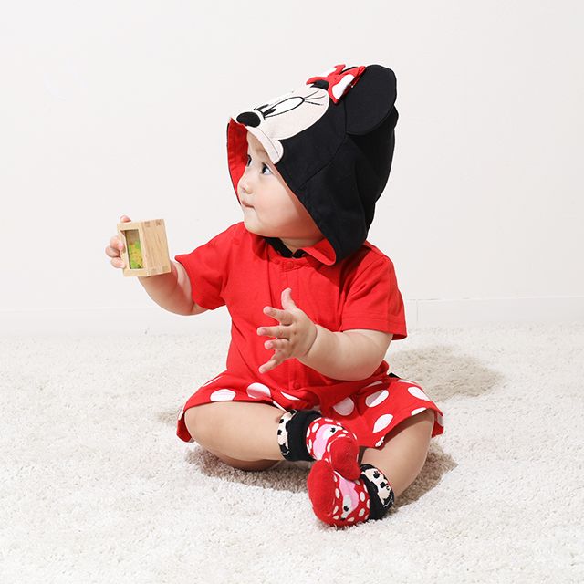 【ベビードール】ミニー なりきるロンパース 9175B / ベビーサイズ 赤ちゃん 出産祝い 贈り物 プレゼント ベビー服 フード付き 立体モチーフ スナップボタン センター開き 仮装 コスチューム コスプレ