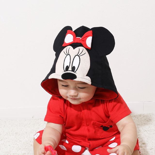【ベビードール】ミニー なりきるロンパース 9175B / ベビーサイズ 赤ちゃん 出産祝い 贈り物 プレゼント ベビー服 フード付き 立体モチーフ スナップボタン センター開き 仮装 コスチューム コスプレ