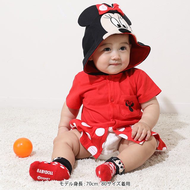 【ベビードール】ミニー なりきるロンパース 9175B / ベビーサイズ 赤ちゃん 出産祝い 贈り物 プレゼント ベビー服 フード付き 立体モチーフ スナップボタン センター開き 仮装 コスチューム コスプレ