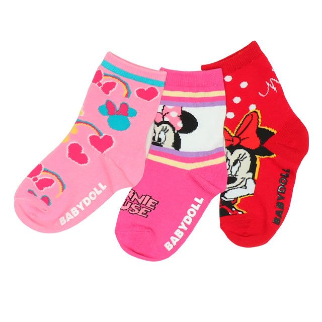 【ベビードール】ミニー クルーソックスセット 9177 / ベビーサイズ キッズ くつ下 靴下 3足セット 3足組み 3点セット 10-13cm・13-16cm滑り止め付き ガーリー プチプラ
