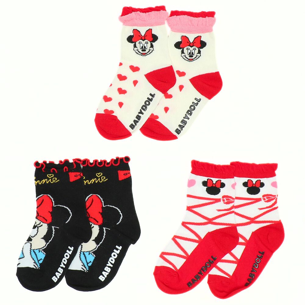 【ベビードール】ミニー クルーソックスセット 9179 / ベビーサイズ キッズ くつ下 靴下 3足セット 3足組み 3点セット 10-13cm・13-16cm滑り止め付き ガーリー