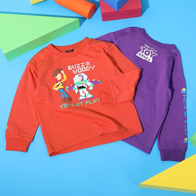 【ベビードール】トイ・ストーリー ピクセルプリント ロングTシャツ 9198K / ベビーサイズ キッズ トップス 長袖 ロンT インナー 天竺素材 発泡プリント ウッディ バズ