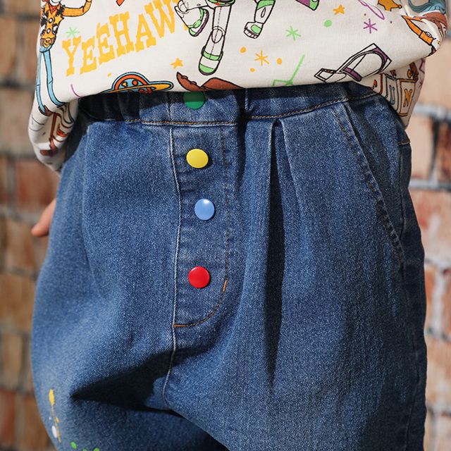 【ベビードール】トイ・ストーリー デニムロングパンツ 9200K / ベビーサイズ キッズ ボトム 長ズボン ジーンズ ウエスト総ゴム ゴム穴付き テーパードパンツ ストレッチ素材 ウッディ バズ・ライトイヤー