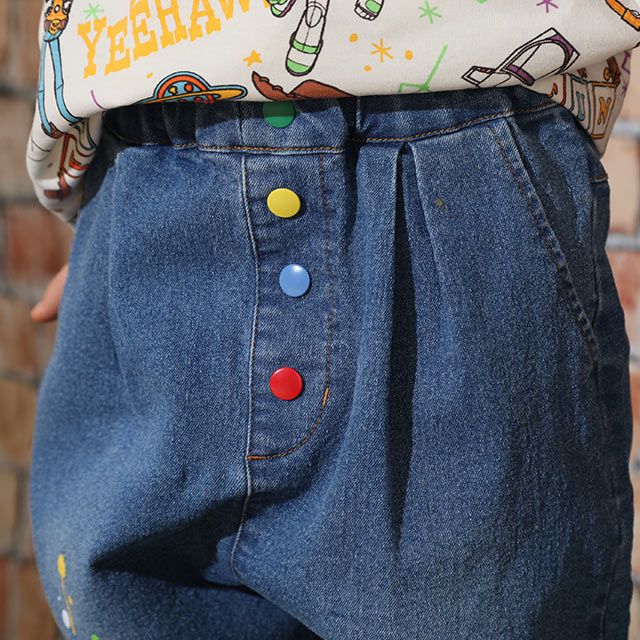 【ベビードール】トイ・ストーリー デニムロングパンツ 9200K / ベビーサイズ キッズ ボトム 長ズボン ジーンズ ウエスト総ゴム ゴム穴付き テーパードパンツ ストレッチ素材 ウッディ バズ・ライトイヤー