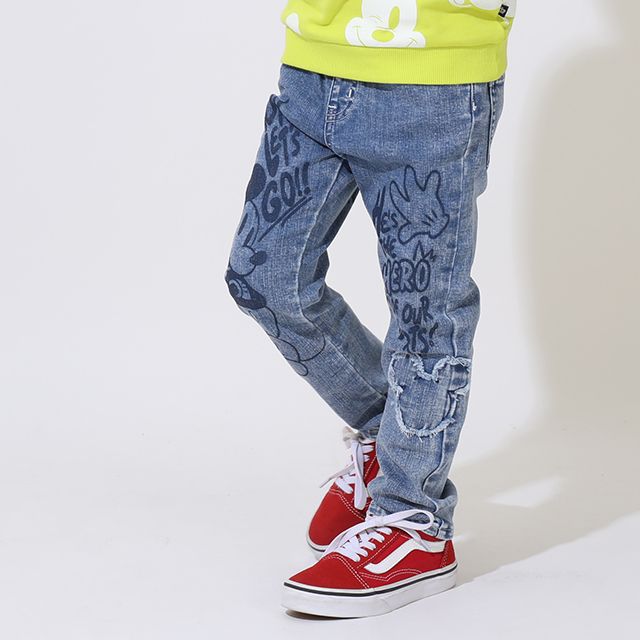 【ベビードール】ミッキー デニムロングパンツ 9204K / ベビーサイズ キッズ ボトム 長ズボン ジーンズ ジーパン ウエスト総ゴム ゴム穴付 ベルトループ フェイクボタン