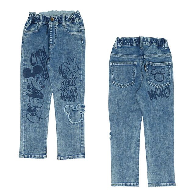 【ベビードール】ミッキー デニムロングパンツ 9204K / ベビーサイズ キッズ ボトム 長ズボン ジーンズ ジーパン ウエスト総ゴム ゴム穴付 ベルトループ フェイクボタン