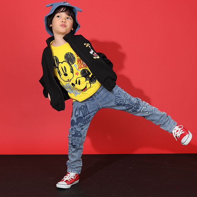 【ベビードール】ミッキー デニムロングパンツ 9204K / ベビーサイズ キッズ ボトム 長ズボン ジーンズ ジーパン ウエスト総ゴム ゴム穴付 ベルトループ フェイクボタン