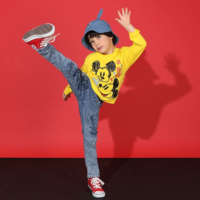 【ベビードール】ミッキー デニムロングパンツ 9204K / ベビーサイズ キッズ ボトム 長ズボン ジーンズ ジーパン ウエスト総ゴム ゴム穴付 ベルトループ フェイクボタン