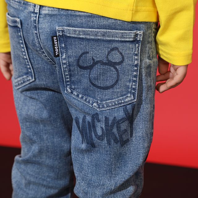 【ベビードール】ミッキー デニムロングパンツ 9204K / ベビーサイズ キッズ ボトム 長ズボン ジーンズ ジーパン ウエスト総ゴム ゴム穴付 ベルトループ フェイクボタン