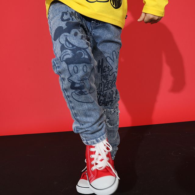 【ベビードール】ミッキー デニムロングパンツ 9204K / ベビーサイズ キッズ ボトム 長ズボン ジーンズ ジーパン ウエスト総ゴム ゴム穴付 ベルトループ フェイクボタン