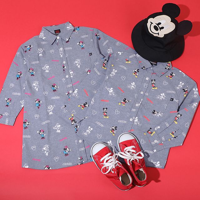 【ベビードール】ミッキー 総柄シャツ 9238K / ベビーサイズ キッズ トップス 長袖 デニムシャツ 羽織り タンガリー 春秋冬 リンクコーデ ペアルック