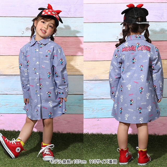 【ベビードール】ミニー 総柄シャツワンピース 9239K / ベビーサイズ キッズ 長袖 ワンピ デニムシャツ 羽織り タンガリー 春秋冬 リンクコーデ ペアルック