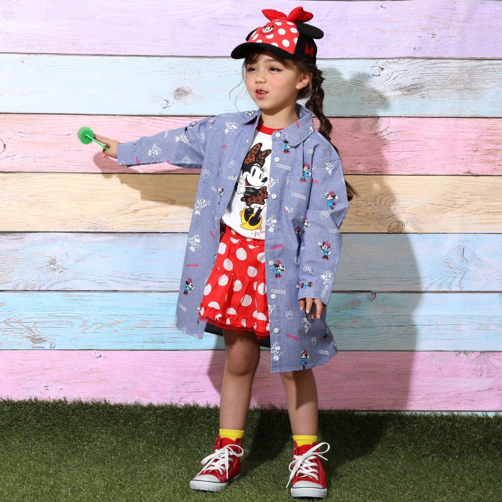 【ベビードール】ミニー 総柄シャツワンピース 9239K / ベビーサイズ キッズ 長袖 ワンピ デニムシャツ 羽織り タンガリー 春秋冬 リンクコーデ ペアルック