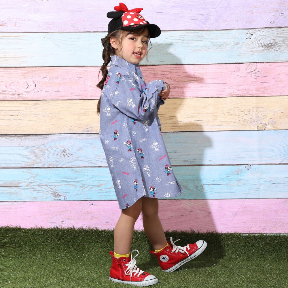 【ベビードール】ミニー 総柄シャツワンピース 9239K / ベビーサイズ キッズ 長袖 ワンピ デニムシャツ 羽織り タンガリー 春秋冬 リンクコーデ ペアルック