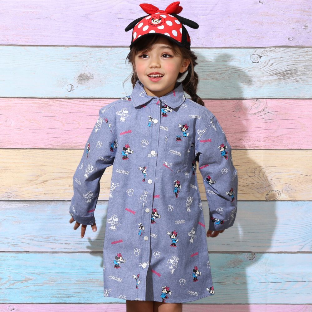 【ベビードール】ミニー 総柄シャツワンピース 9239K / ベビーサイズ キッズ 長袖 ワンピ デニムシャツ 羽織り タンガリー 春秋冬 リンクコーデ ペアルック