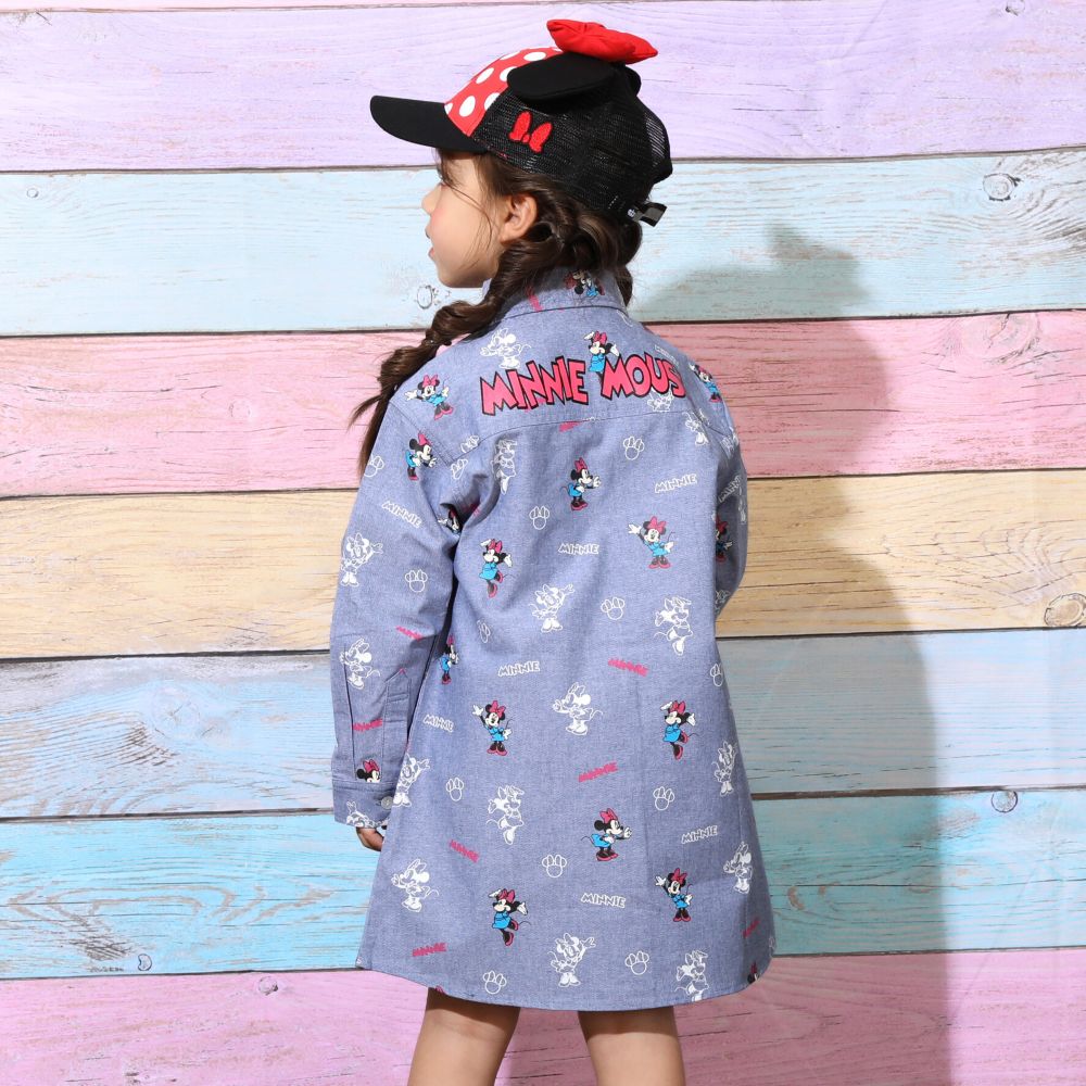 【ベビードール】ミニー 総柄シャツワンピース 9239K / ベビーサイズ キッズ 長袖 ワンピ デニムシャツ 羽織り タンガリー 春秋冬 リンクコーデ ペアルック