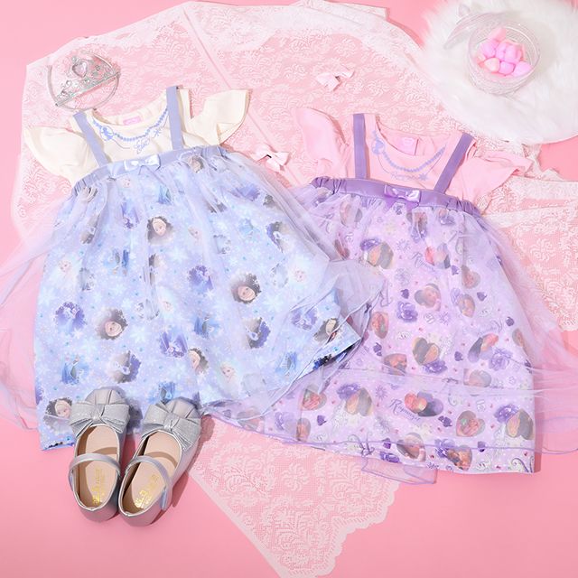 【ベビードール】エルサ プリンセス / 3WAYワンピース 9303K / キッズ キャミワンピ スカート 肩紐長さ調整可 ウエストゴム調整可 リボン フリル チュール 肩出し お姫様 なりきる ガーリー