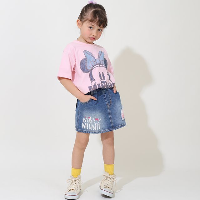 【ベビードール】ミニー 親子お揃い デニム貼付風Tシャツ 9466K / ベビーサイズ キッズ リンクコーデ ペアルック 親子コーデ トップス 半袖 天竺素材