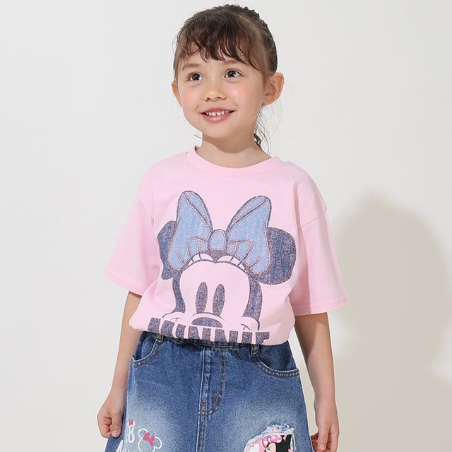 【ベビードール】ミニー 親子お揃い デニム貼付風Tシャツ 9466K / ベビーサイズ キッズ リンクコーデ ペアルック 親子コーデ トップス 半袖 天竺素材