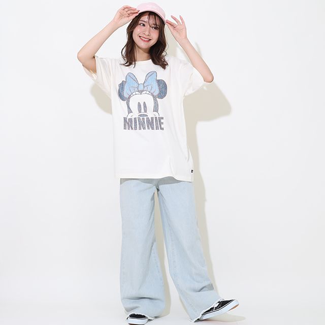 【ベビードール】ミニー 親子お揃い デニム貼付風Tシャツ 9466A / ベビーサイズ キッズ リンクコーデ ペアルック 親子コーデ トップス 半袖 天竺素材