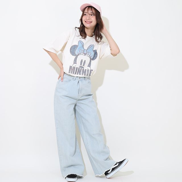 【ベビードール】ミニー 親子お揃い デニム貼付風Tシャツ 9466A / ベビーサイズ キッズ リンクコーデ ペアルック 親子コーデ トップス 半袖 天竺素材