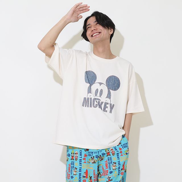 【ベビードール】ミッキー 親子お揃い デニム貼付風Tシャツ 9466A / 大人 ユニセックス 男女兼用 リンクコーデ ペアルック 親子コーデ トップス 半袖 天竺素材