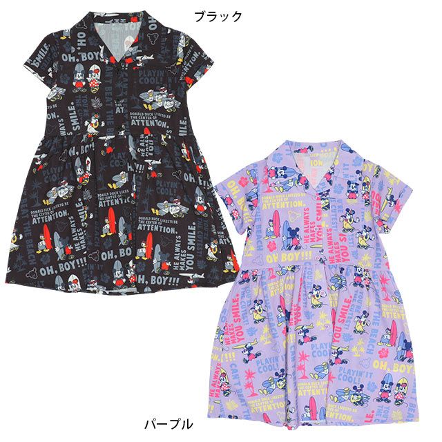 【ベビードール】ミッキーフレンズ 親子お揃い 総柄リゾートワンピース 9494K / ベビーサイズ キッズ ワンピ スカート シャツ 半袖 羽織り 親子コーデ リンクコーデ ペアルック 速乾 ミッキー ミニー ドナルド