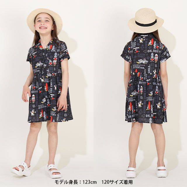 【ベビードール】ミッキーフレンズ 親子お揃い 総柄リゾートワンピース 9494K / ベビーサイズ キッズ ワンピ スカート シャツ 半袖 羽織り 親子コーデ リンクコーデ ペアルック 速乾 ミッキー ミニー ドナルド