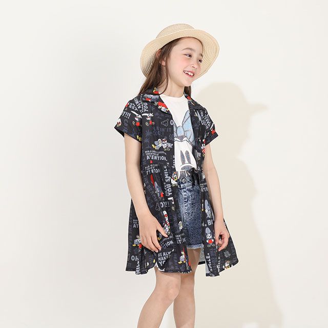 【ベビードール】ミッキーフレンズ 親子お揃い 総柄リゾートワンピース 9494K / ベビーサイズ キッズ ワンピ スカート シャツ 半袖 羽織り 親子コーデ リンクコーデ ペアルック 速乾 ミッキー ミニー ドナルド