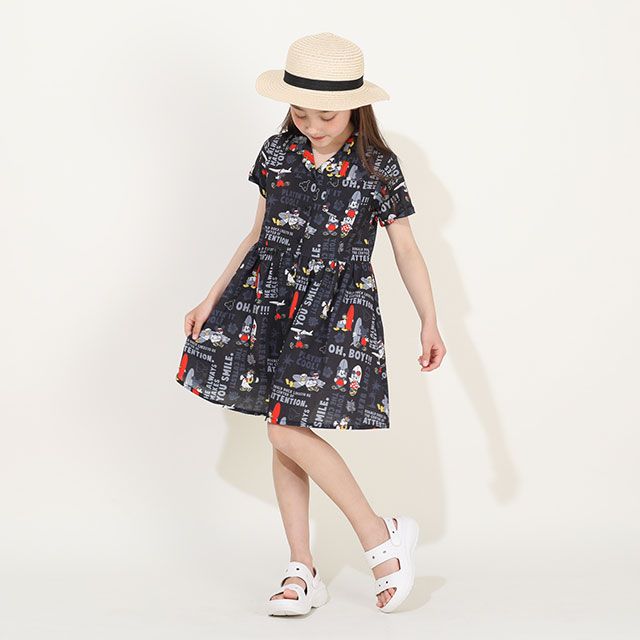 【ベビードール】ミッキーフレンズ 親子お揃い 総柄リゾートワンピース 9494K / ベビーサイズ キッズ ワンピ スカート シャツ 半袖 羽織り 親子コーデ リンクコーデ ペアルック 速乾 ミッキー ミニー ドナルド