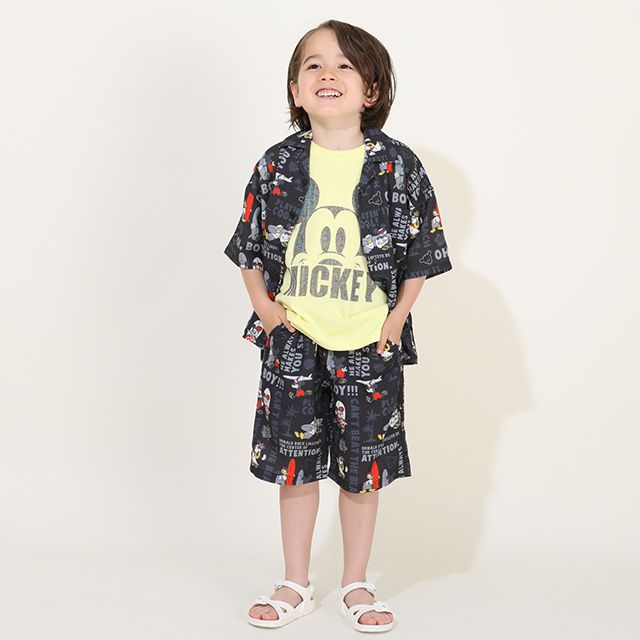 【ベビードール】ミッキーフレンズ 親子お揃い 総柄リゾートシャツ 9495K（ボトムス別売） / ベビーサイズ キッズ トップス 半袖 シャツ 羽織り 親子コーデ リンクコーデ ペアルック 速乾 ミッキー ミニー ドナルド