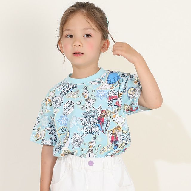 【ベビードール】アナ エルサ オラフ 親子お揃い ステッカー風総柄Tシャツ 9534K / キッズ リンクコーデ ペアルック 親子コーデ トップス 半袖 天竺素材