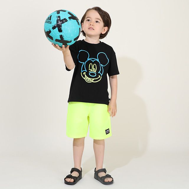 【ベビードール】ミッキー 親子お揃い ネオン発泡Tシャツ 9536K / ベビーサイズ キッズ リンクコーデ ペアルック 親子コーデ トップス 半袖 天竺素材 発泡プリント