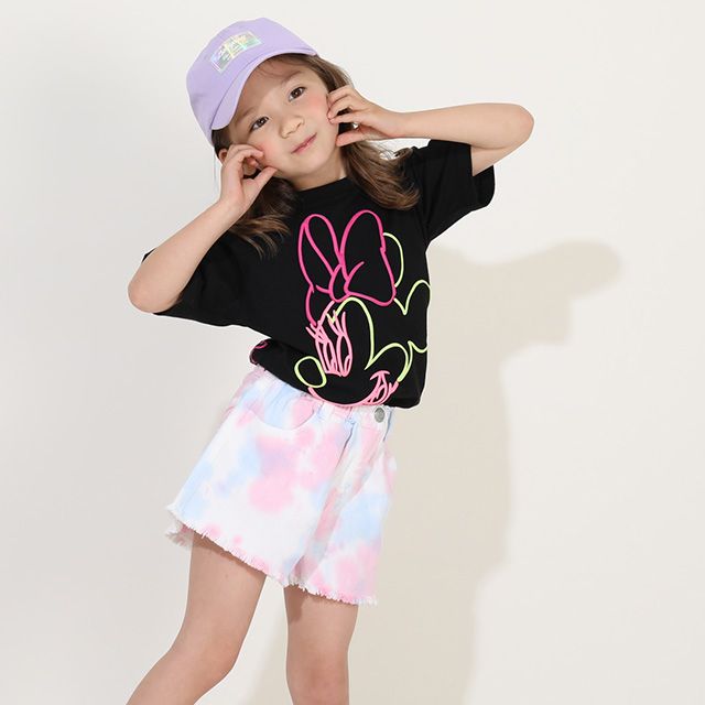 【ベビードール】ミニー 親子お揃い ネオン発泡Tシャツ 9536K / ベビーサイズ キッズ リンクコーデ ペアルック 親子コーデ トップス 半袖 天竺素材 発泡プリント