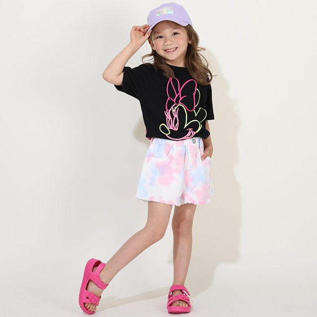 【ベビードール】ミニー 親子お揃い ネオン発泡Tシャツ 9536K / ベビーサイズ キッズ リンクコーデ ペアルック 親子コーデ トップス 半袖 天竺素材 発泡プリント