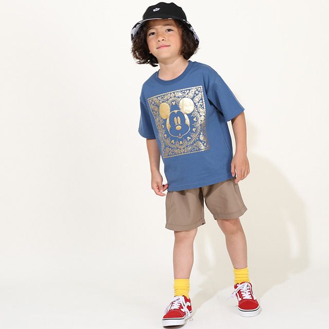 【ベビードール】 ミッキー 親子お揃い ペイズリー箔風プリントTシャツ 9540K