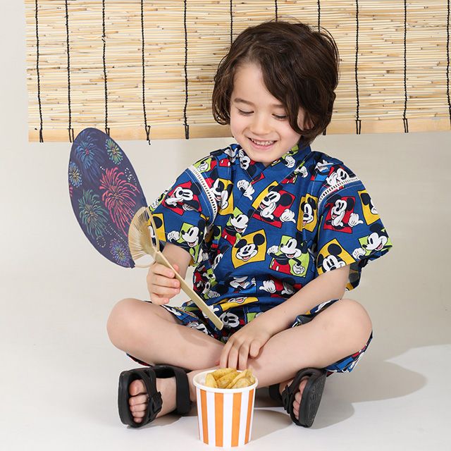 【ベビードール】ミッキー 甚平 上下2点セット 9571K / ベビーサイズ キッズ リンクコーデ ペアルック セットアップ 半袖 半ズボン ハーフパンツ ウエスト総ゴム ゴム穴付 速乾