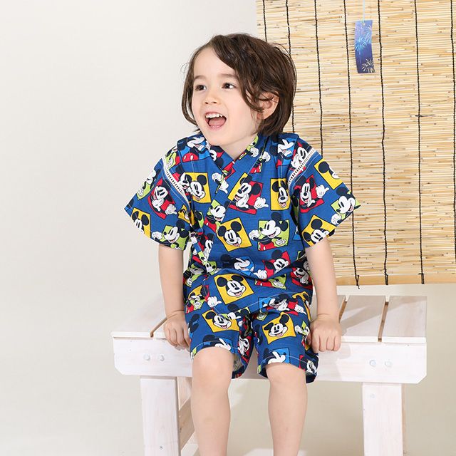 【ベビードール】ミッキー 甚平 上下2点セット 9571K / ベビーサイズ キッズ リンクコーデ ペアルック セットアップ 半袖 半ズボン ハーフパンツ ウエスト総ゴム ゴム穴付 速乾