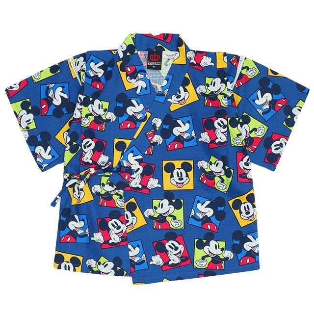 【ベビードール】ミッキー 甚平 上下2点セット 9571K / ベビーサイズ キッズ リンクコーデ ペアルック セットアップ 半袖 半ズボン ハーフパンツ ウエスト総ゴム ゴム穴付 速乾