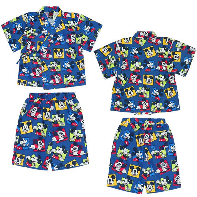 【ベビードール】ミッキー 甚平 上下2点セット 9571K / ベビーサイズ キッズ リンクコーデ ペアルック セットアップ 半袖 半ズボン ハーフパンツ ウエスト総ゴム ゴム穴付 速乾